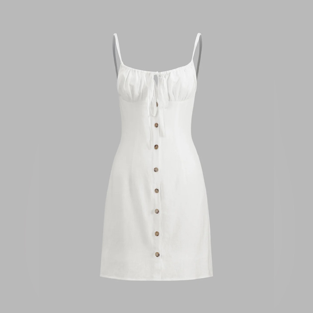 Commense White Linen Sleeveless Buttoned Keyhole Tie Front Mini Dress - Picture 2 of 5